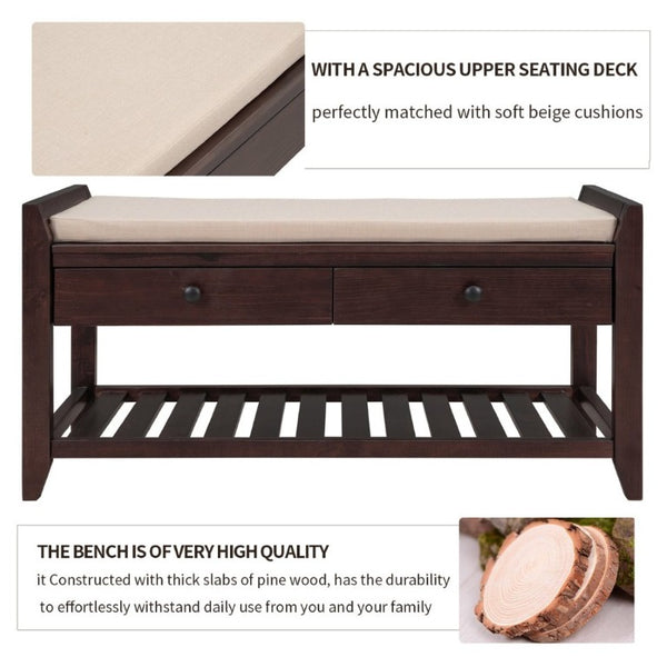 English Elm Trexm Farmhouse Pine Entryway Bench with Cushioned Seat Drawers and Shoe Rack Espresso WF195386AAP