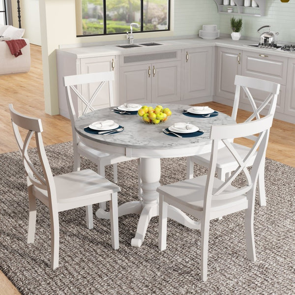 English Elm Orisfur. 5 Piece Marble Look Dining Set Seats Four with Solid Wood Chair Frames WF285111AAK
