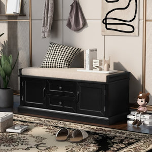 English Elm Trexm Entryway Storage Bench with Drawers Cabinets and Removable Velvet Cushion Black WF288172AAB