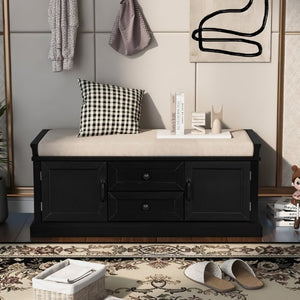 English Elm Trexm Entryway Storage Bench with Drawers Cabinets and Removable Velvet Cushion Black WF288172AAB