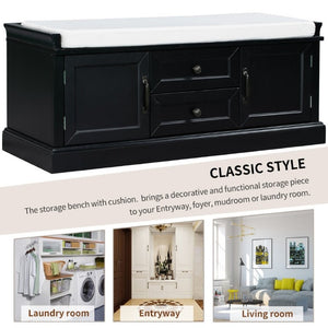 English Elm Trexm Entryway Storage Bench with Drawers Cabinets and Removable Velvet Cushion Black WF288172AAB