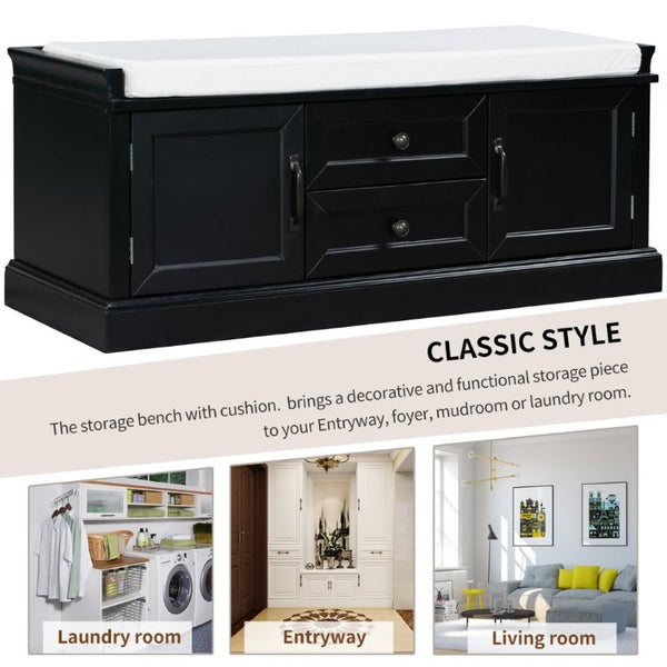 English Elm Trexm Entryway Storage Bench with Drawers Cabinets and Removable Velvet Cushion Black WF288172AAB