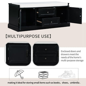 English Elm Trexm Entryway Storage Bench with Drawers Cabinets and Removable Velvet Cushion Black WF288172AAB