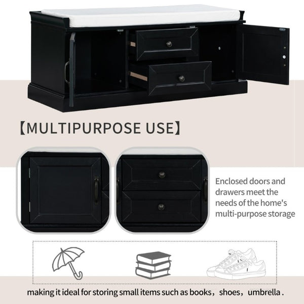 English Elm Trexm Entryway Storage Bench with Drawers Cabinets and Removable Velvet Cushion Black WF288172AAB