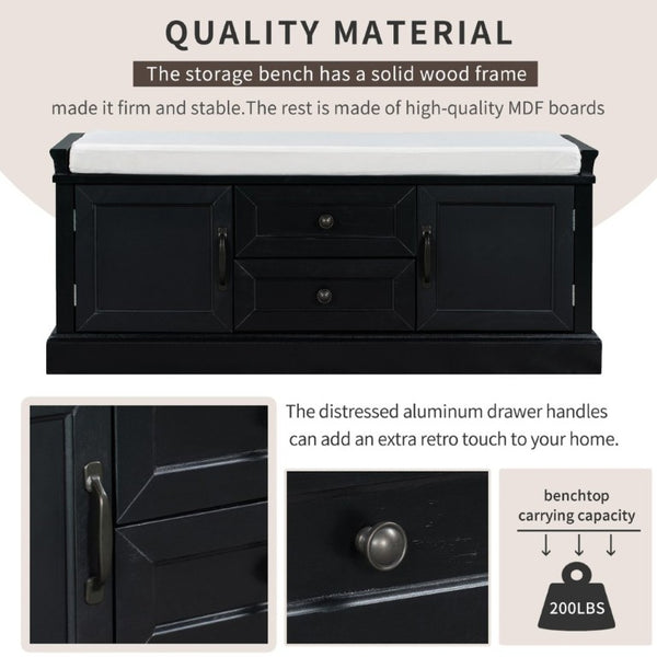 English Elm Trexm Entryway Storage Bench with Drawers Cabinets and Removable Velvet Cushion Black WF288172AAB