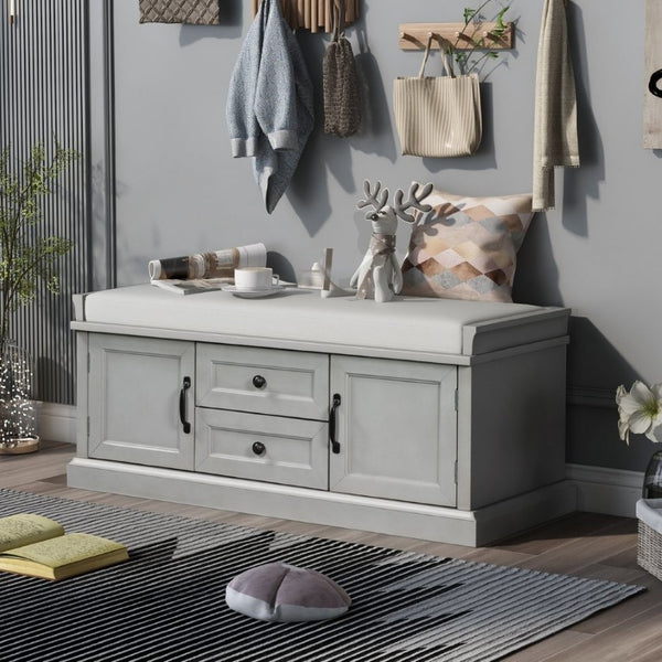 English Elm Trexm Entryway Storage Bench with Drawers Cabinets and Removable Velvet Cushion Gray Wash WF288172AAE
