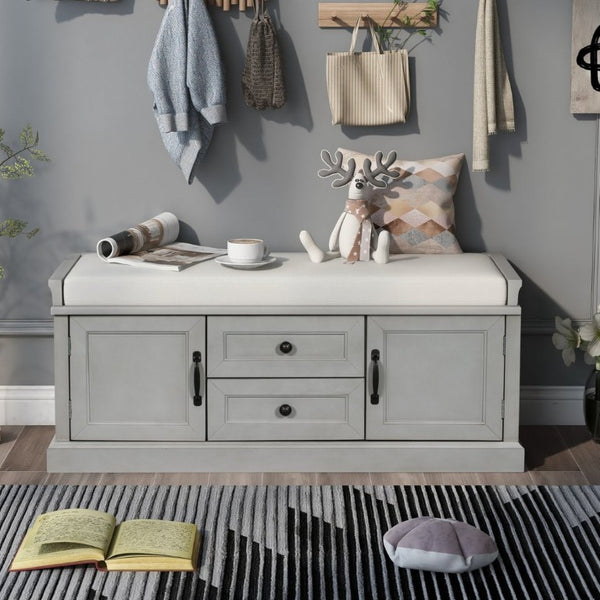 English Elm Trexm Entryway Storage Bench with Drawers Cabinets and Removable Velvet Cushion Gray Wash WF288172AAE