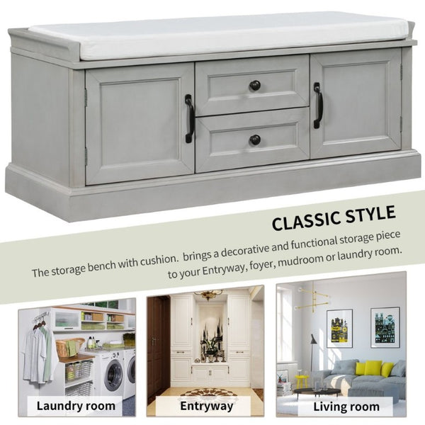 English Elm Trexm Entryway Storage Bench with Drawers Cabinets and Removable Velvet Cushion Gray Wash WF288172AAE