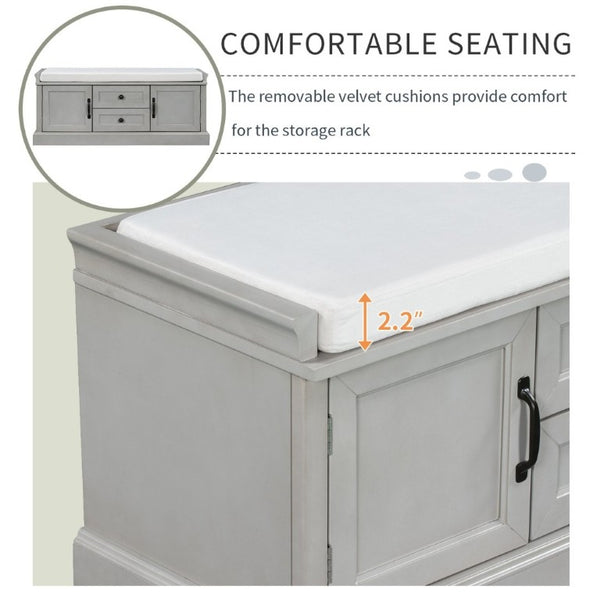 English Elm Trexm Entryway Storage Bench with Drawers Cabinets and Removable Velvet Cushion Gray Wash WF288172AAE