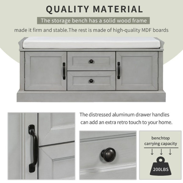 English Elm Trexm Entryway Storage Bench with Drawers Cabinets and Removable Velvet Cushion Gray Wash WF288172AAE