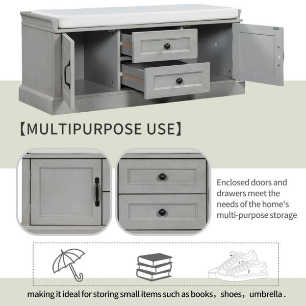English Elm Trexm Entryway Storage Bench with Drawers Cabinets and Removable Velvet Cushion Gray Wash WF288172AAE