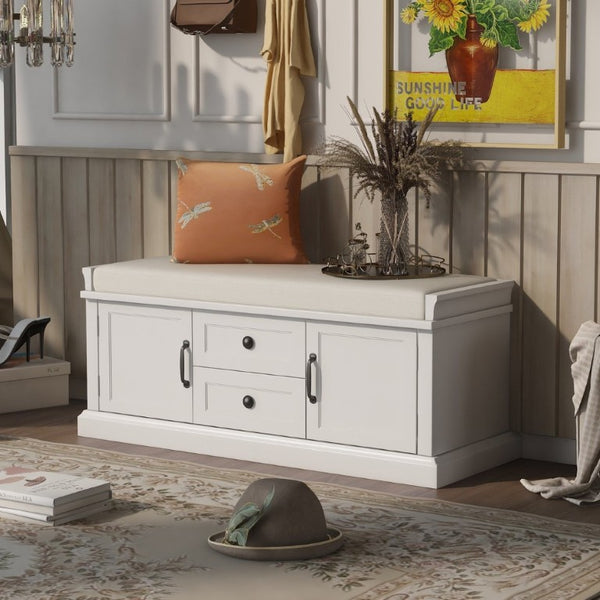 English Elm Trexm Entryway Storage Bench with Velvet Cushion Drawers Cabinets Farmhouse White WF288172AAK
