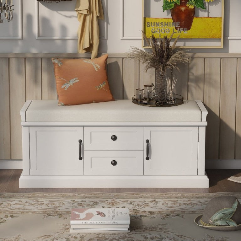 English Elm Trexm Entryway Storage Bench with Velvet Cushion Drawers Cabinets Farmhouse White WF288172AAK