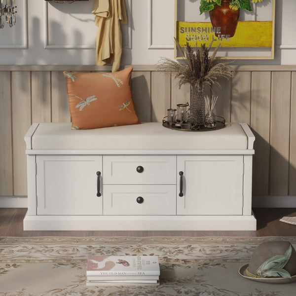 English Elm Trexm Entryway Storage Bench with Velvet Cushion Drawers Cabinets Farmhouse White WF288172AAK