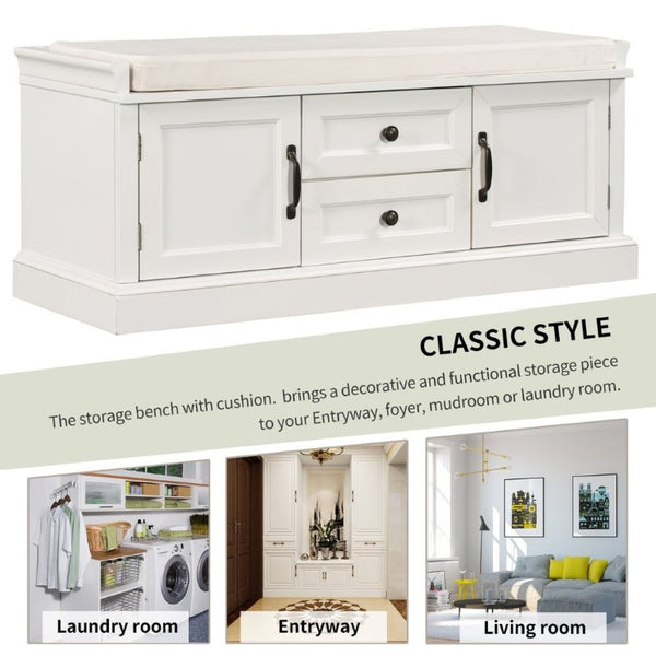 English Elm Trexm Entryway Storage Bench with Velvet Cushion Drawers Cabinets Farmhouse White WF288172AAK