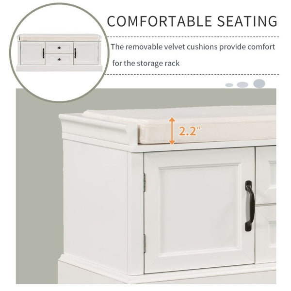 English Elm Trexm Entryway Storage Bench with Velvet Cushion Drawers Cabinets Farmhouse White WF288172AAK