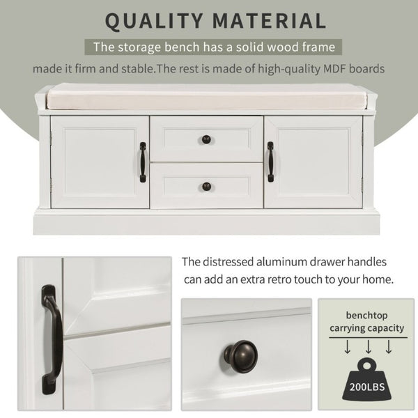English Elm Trexm Entryway Storage Bench with Velvet Cushion Drawers Cabinets Farmhouse White WF288172AAK