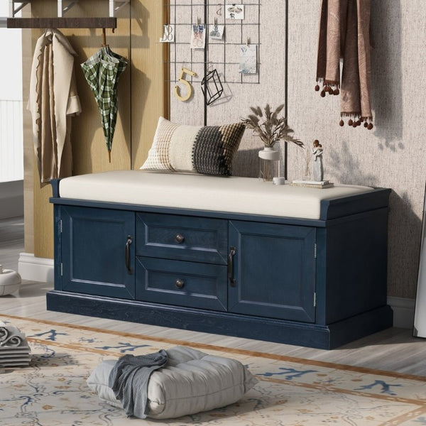 English Elm Trexm Entryway Storage Bench with Velvet Cushion Drawers Cabinets Antique Farmhouse WF288172AAM