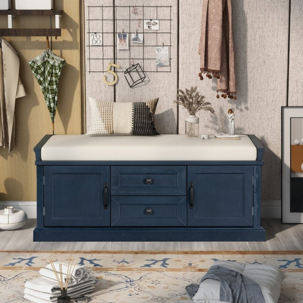 English Elm Trexm Entryway Storage Bench with Velvet Cushion Drawers Cabinets Antique Farmhouse WF288172AAM
