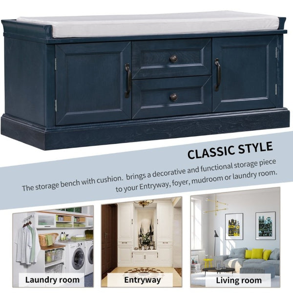English Elm Trexm Entryway Storage Bench with Velvet Cushion Drawers Cabinets Antique Farmhouse WF288172AAM