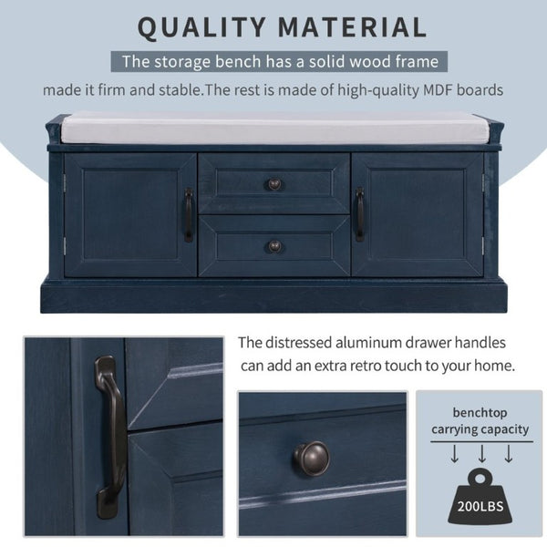 English Elm Trexm Entryway Storage Bench with Velvet Cushion Drawers Cabinets Antique Farmhouse WF288172AAM