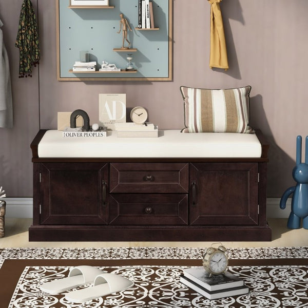 English Elm Trexm Entryway Storage Bench with Drawers Cabinets and Removable Velvet Cushion Espresso WF288172AAP