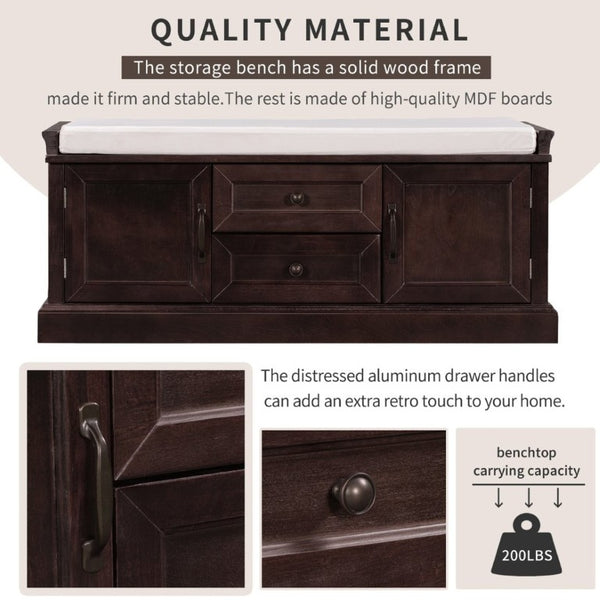English Elm Trexm Entryway Storage Bench with Drawers Cabinets and Removable Velvet Cushion Espresso WF288172AAP
