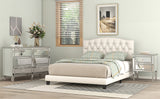 Hearth and Haven Josephine Upholstered Platform Bed with Saddle Curved Headboard and Diamond Tufted Details, Full, Beige