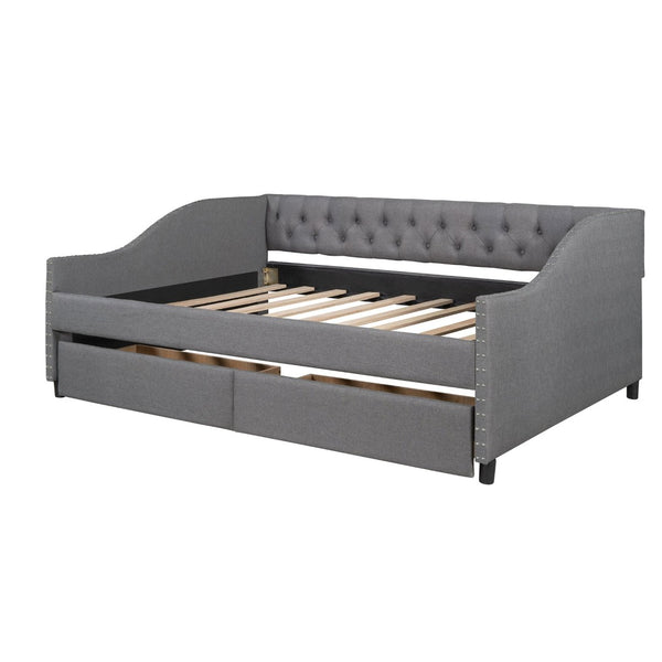 English Elm 1/2 Tufted Linen Daybed with Storage Drawers for Guest Rooms and Living Spaces WF297128AAE