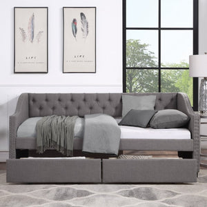 English Elm 2/2 Gray Linen Daybed with Diamond Tufting Rivet Armrests and Under Bed Storage WF297129AAE