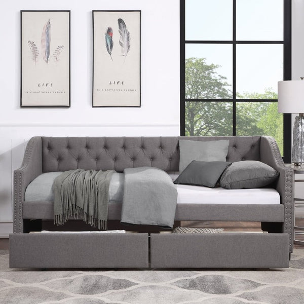 English Elm 2/2 Gray Linen Daybed with Diamond Tufting Rivet Armrests and Under Bed Storage WF297129AAE