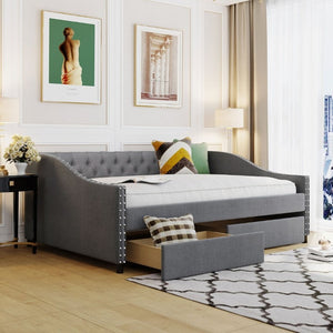 English Elm 2/2 Gray Linen Daybed with Diamond Tufting Rivet Armrests and Under Bed Storage WF297129AAE