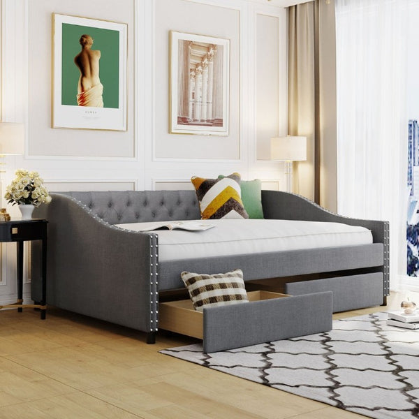 English Elm 2/2 Gray Linen Daybed with Diamond Tufting Rivet Armrests and Under Bed Storage WF297129AAE