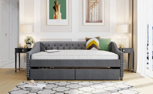 English Elm 2/2 Gray Linen Daybed with Diamond Tufting Rivet Armrests and Under Bed Storage WF297129AAE
