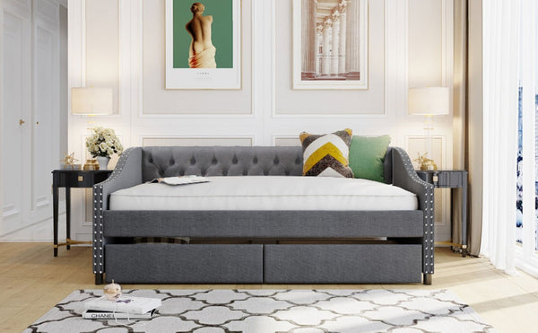 English Elm 2/2 Gray Linen Daybed with Diamond Tufting Rivet Armrests and Under Bed Storage WF297129AAE