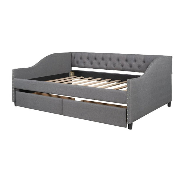 English Elm 2/2 Gray Linen Daybed with Diamond Tufting Rivet Armrests and Under Bed Storage WF297129AAE