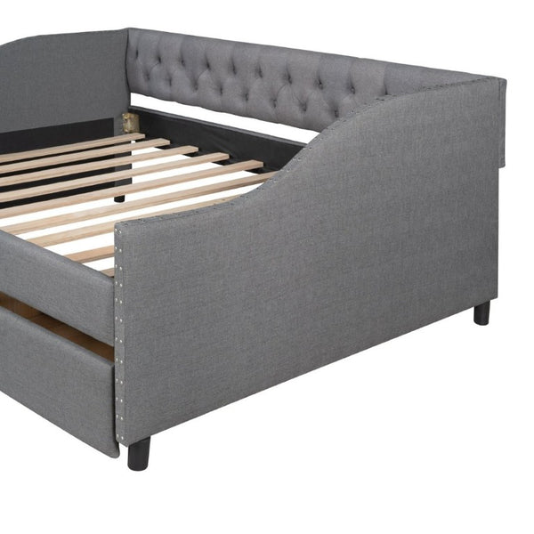 English Elm 2/2 Gray Linen Daybed with Diamond Tufting Rivet Armrests and Under Bed Storage WF297129AAE