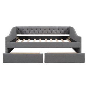 English Elm 2/2 Gray Linen Daybed with Diamond Tufting Rivet Armrests and Under Bed Storage WF297129AAE