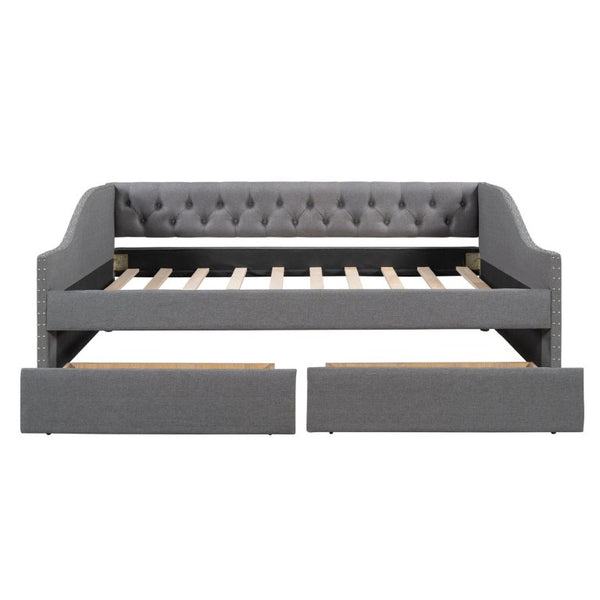 English Elm 2/2 Gray Linen Daybed with Diamond Tufting Rivet Armrests and Under Bed Storage WF297129AAE
