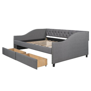English Elm 2/2 Gray Linen Daybed with Diamond Tufting Rivet Armrests and Under Bed Storage WF297129AAE