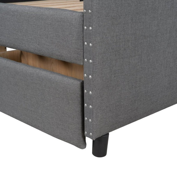 English Elm 2/2 Gray Linen Daybed with Diamond Tufting Rivet Armrests and Under Bed Storage WF297129AAE