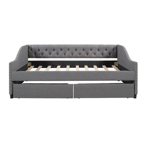 English Elm 2/2 Gray Linen Daybed with Diamond Tufting Rivet Armrests and Under Bed Storage WF297129AAE