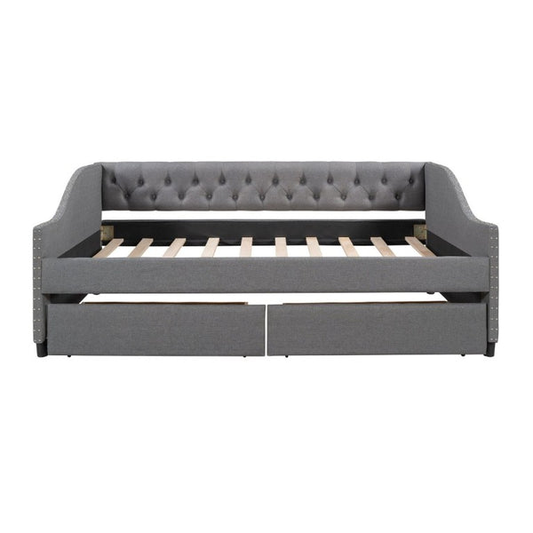 English Elm 2/2 Gray Linen Daybed with Diamond Tufting Rivet Armrests and Under Bed Storage WF297129AAE