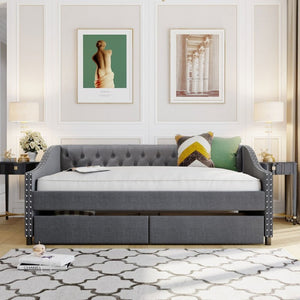 English Elm 2/2 Gray Linen Daybed with Diamond Tufting Rivet Armrests and Under Bed Storage WF297129AAE