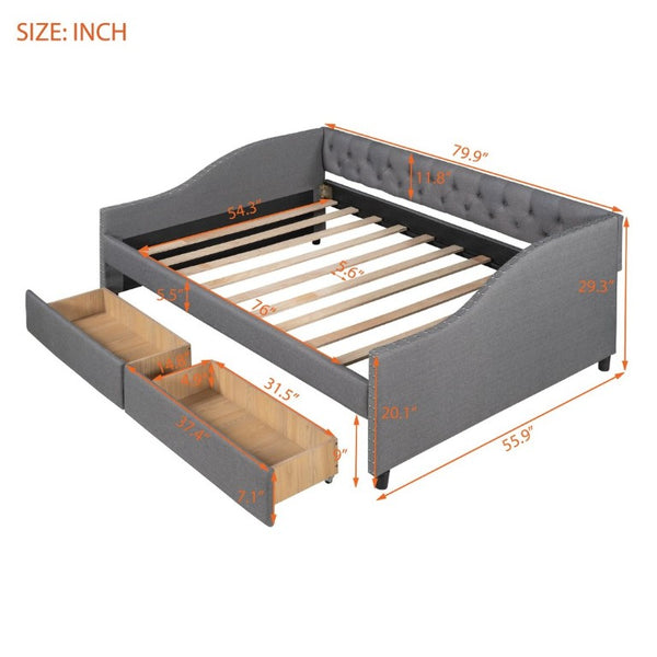 English Elm 2/2 Gray Linen Daybed with Diamond Tufting Rivet Armrests and Under Bed Storage WF297129AAE