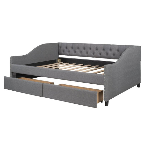 English Elm 2/2 Gray Linen Daybed with Diamond Tufting Rivet Armrests and Under Bed Storage WF297129AAE