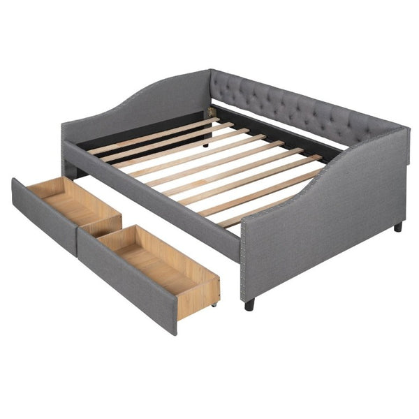 English Elm 2/2 Gray Linen Daybed with Diamond Tufting Rivet Armrests and Under Bed Storage WF297129AAE