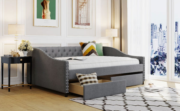 English Elm 2/2 Gray Linen Daybed with Diamond Tufting Rivet Armrests and Under Bed Storage WF297129AAE