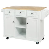 Evangeline Kitchen Cart with Drop-Leaf Countertop on 5 Wheels with Storage Cabinet and 3 Drawers, White