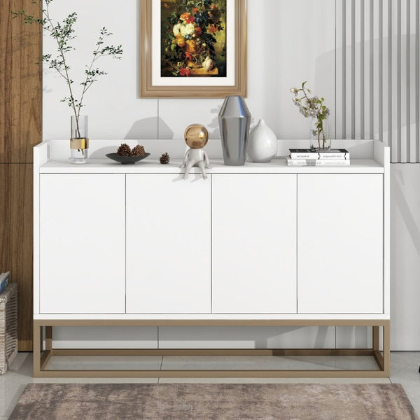 English Elm Trexm White and Gold Slim Buffet Cabinet with Push Open Doors for Dining Entryway WF298903AAK